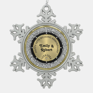 50周年記念結婚ホワイトダイヤモンドと金ゴールド スノーフレークピューターオーナメント