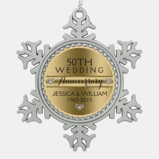 50周年記念結婚ホワイトダイヤモンド&シルバー スノーフレークピューターオーナメント (正面)