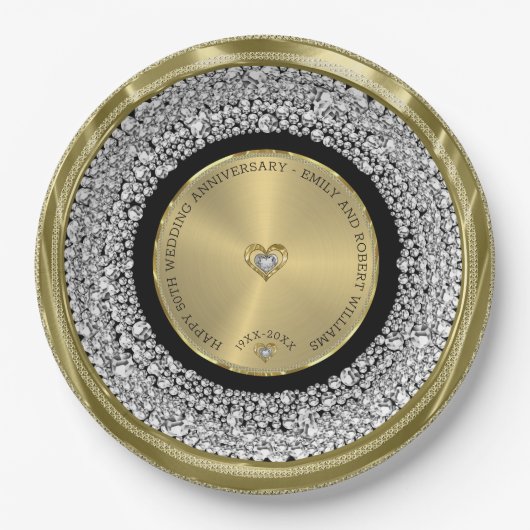 50周年記念結婚ホワイトダイヤモンド&金ゴールド楼 ペーパープレート (正面)