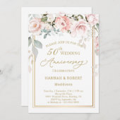 50周年記念結婚ホワイトピンクローズ招待状 セーブザデート (正面/裏面)