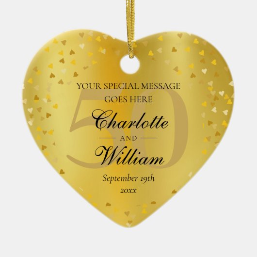 50周年記念結婚モノグラム金ゴールドハート セラミックオーナメント (正面)
