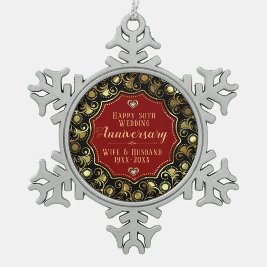 50周年記念結婚レッドブラック&金ゴールド スノーフレークピューターオーナメント (正面)