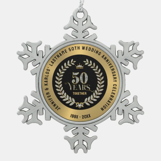 50周年記念結婚ローレルきらめくリース スノーフレークピューターオーナメント (正面)