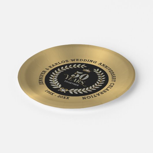 50周年記念結婚ローレルきらめくリース ペーパープレート (アングル)