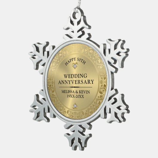 50周年記念結婚光沢のあるフローラ金ゴールドフレーム スノーフレークピューターオーナメント (右)