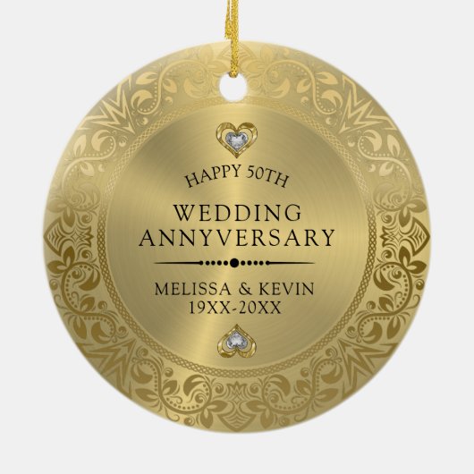 50周年記念結婚光沢のあるフローラ金ゴールドフレーム セラミックオーナメント (裏面)
