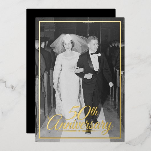 50周年記念結婚写真と金ゴールド 箔招待状 (正面/裏面)
