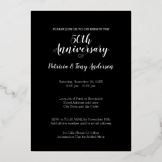 50周年記念結婚写真と金ゴールド 箔招待状 (裏面)