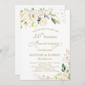 50周年記念結婚白いバラの葉 招待状 (正面/裏面)