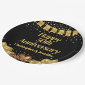 50周年記念結婚的ハッピーブラック&金ゴールド ペーパープレート (アングル)