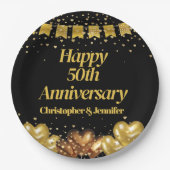 50周年記念結婚的ハッピーブラック&金ゴールド ペーパープレート (正面)