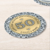 50周年記念結婚金ゴールドとホワイトダイヤモンド ラウンドペーパーコースター (アングル)