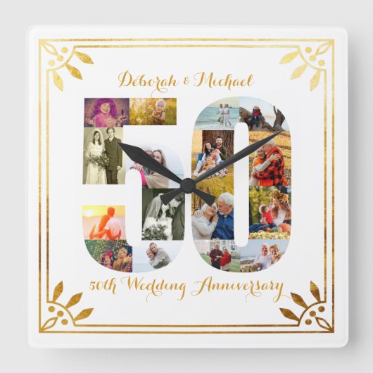 50周年記念結婚金ゴールドアールデコ写真 スクエア壁時計 (正面)