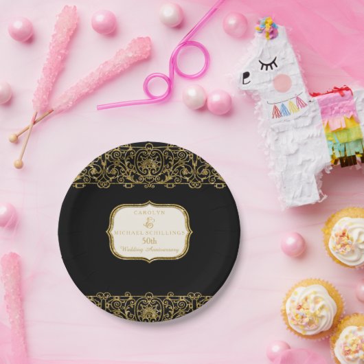 50周年記念結婚金ゴールドアールヌーボーパーティー ペーパープレート (パーティー)