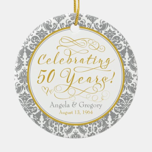 50周年記念結婚金ゴールドシルバーダマスクハート セラミックオーナメント (正面)