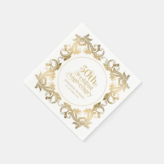 50周年記念結婚金ゴールドタイポグラフィフレーム3 スタンダードカクテルナプキン (角)