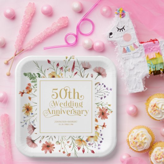 50周年記念結婚金ゴールドタイポグラフィ花 ペーパープレート (パーティー)