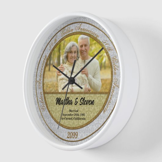 50周年記念結婚金ゴールドダマスク写真 壁時計 (傾斜)