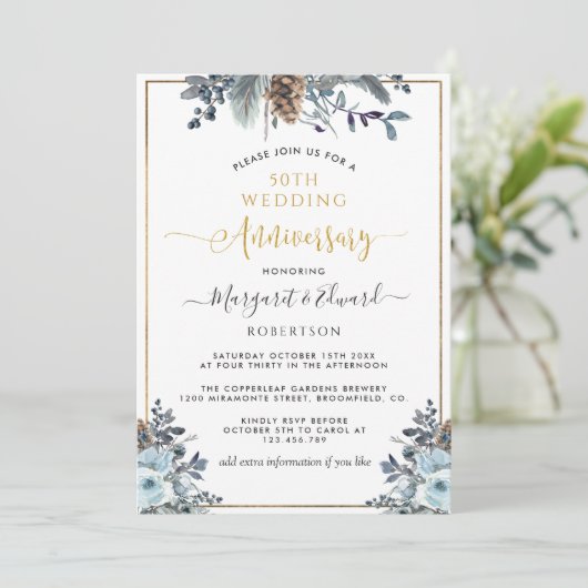 50周年記念結婚金ゴールドネイビーブルーフローラ 招待状 (スタンド正面)