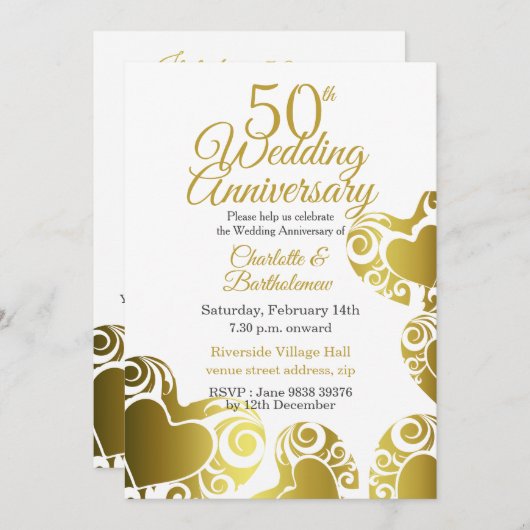 50周年記念結婚金ゴールドハート 招待状 (正面/裏面)