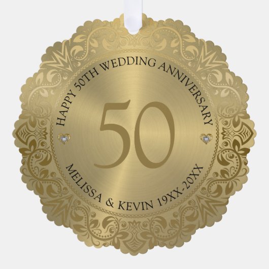 50周年記念結婚金ゴールドフローラフレーム オーナメントカード (正面)