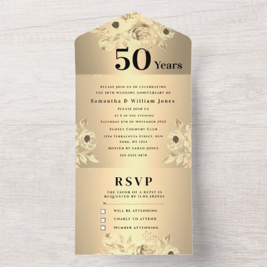 50周年記念結婚金ゴールドフローラ オールインワン招待状 (内側)