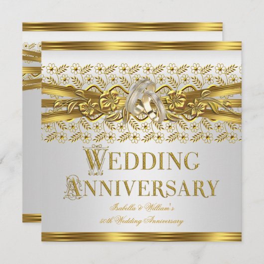 50周年記念結婚金ゴールドリングや輪フローラホワイト 招待状 (正面/裏面)