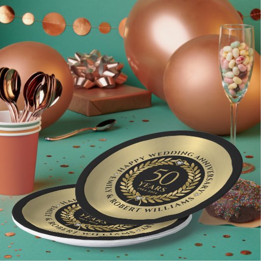 50周年記念結婚金ゴールドローレルリースディナー ペーパープレート (複数)
