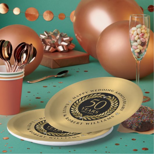 50周年記念結婚金ゴールドローレルリース ペーパープレート (複数)