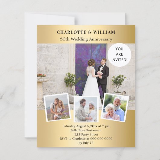 50周年記念結婚金ゴールド写真の招待状 (正面)
