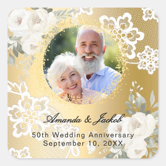 50周年記念結婚金ゴールド写真花模様 スクエアシール (正面)
