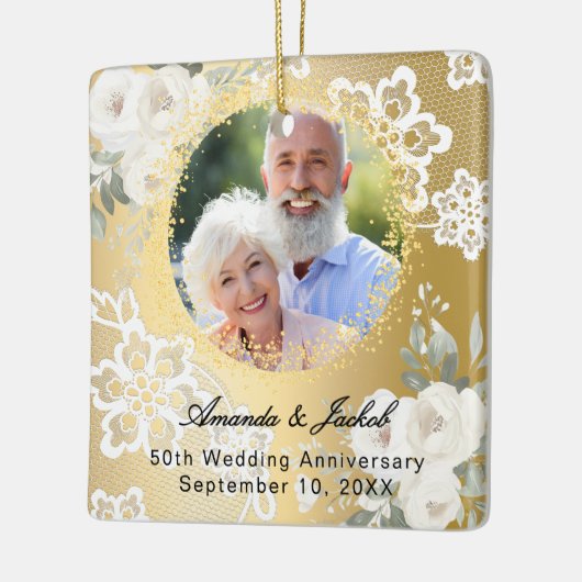 50周年記念結婚金ゴールド写真花模様 セラミックオーナメント (左)