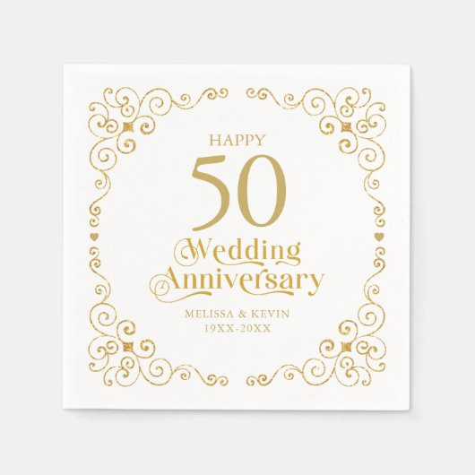 50周年記念結婚金ゴールド旋回フレームナプキン スタンダードカクテルナプキン (正面)