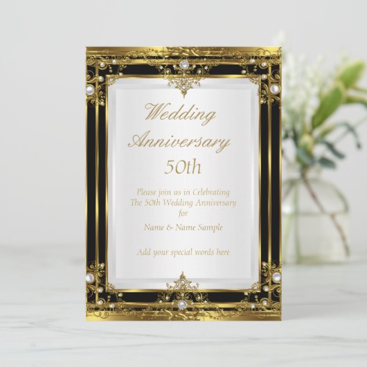 50周年記念結婚金ゴールド白黒パール2 招待状 (スタンド正面)