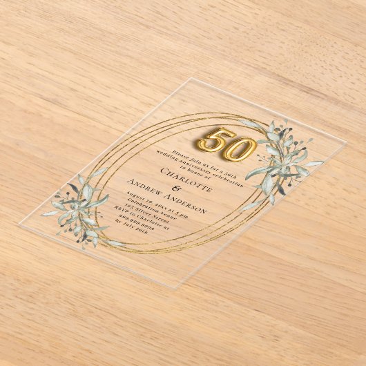 50周年記念結婚金ゴールド緑澄ん アクリル招待状 (レイダウン)