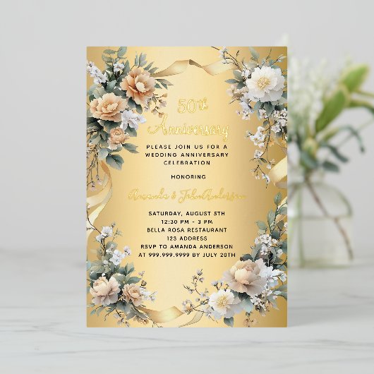 50周年記念結婚金ゴールド黄花模様 箔招待状 (立ち正面)