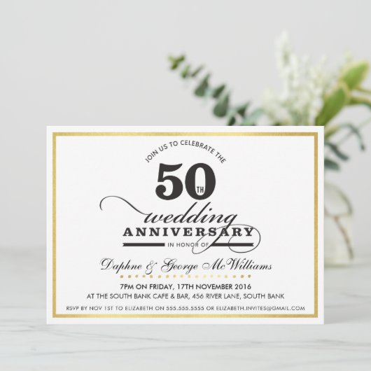 50周年記念結婚金ゴールド黒スタイリッシュ招待状 招待状 (スタンド正面)