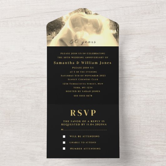 50周年記念結婚金ゴールド黒写真 オールインワン招待状 (内側)