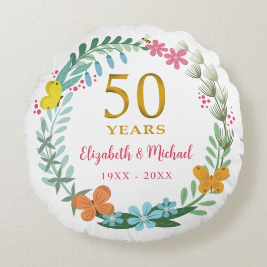 50周年記念結婚金フローラ蝶 ラウンドクッション (正面)