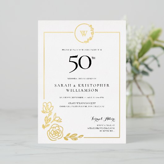 50周年記念結婚金リースモノグラム 箔招待状 (立ち正面)