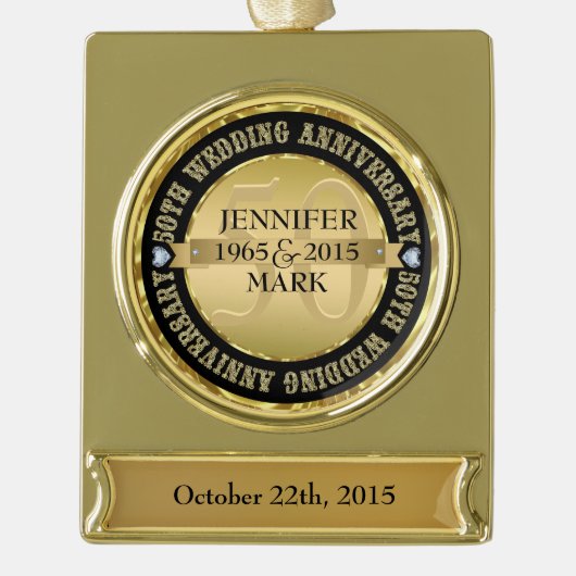 50周年記念結婚金属金ゴールド&ブラック2 ゴールドプレートバナーオーナメント (正面)