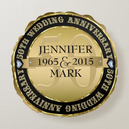 50周年記念結婚金属金ゴールド&ブラック2 ラウンドクッション (正面)