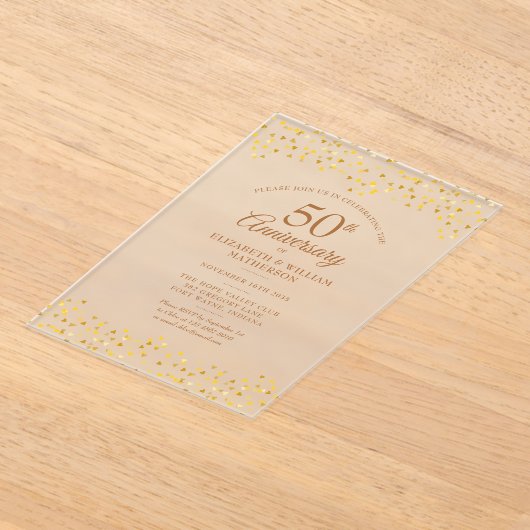 50周年記念結婚金色愛ハート アクリル招待状 (レイダウン)
