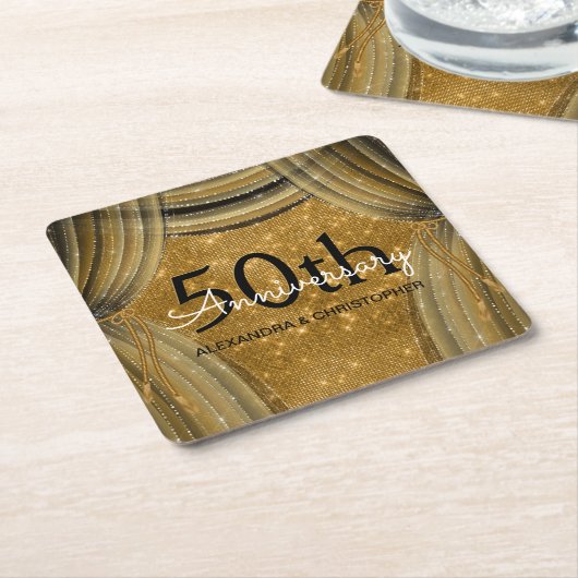 50周年記念結婚黒と金ゴールドの輝き スクエアペーパーコースター (アングル)