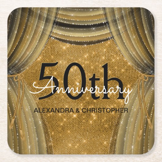 50周年記念結婚黒と金ゴールドの輝き スクエアペーパーコースター (正面)