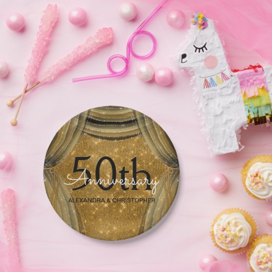 50周年記念結婚黒と金ゴールドの輝き ペーパープレート (パーティー)
