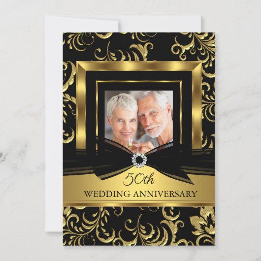 50周年記念結婚黒金ゴールドダマスク写真 招待状 (正面)