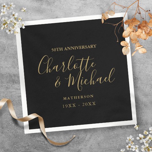 50周年記念結婚黒金ゴールド署名 スタンダードカクテルナプキン