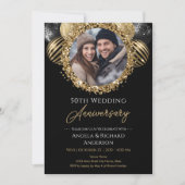50周年記念金ゴールドと黒グリッター写真 招待状 (正面)