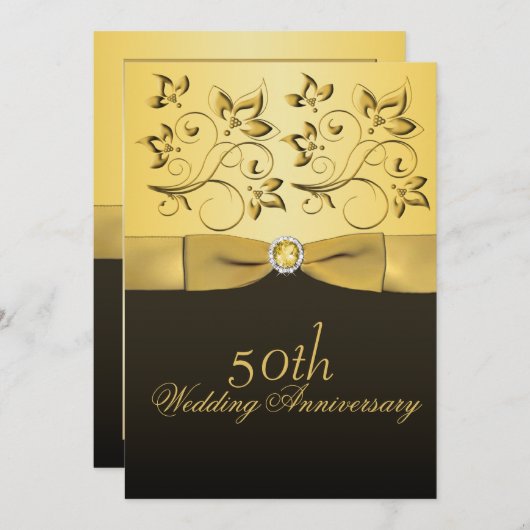 50周年記念金ゴールドと黒フローラ宝石飾 招待状 (正面/裏面)